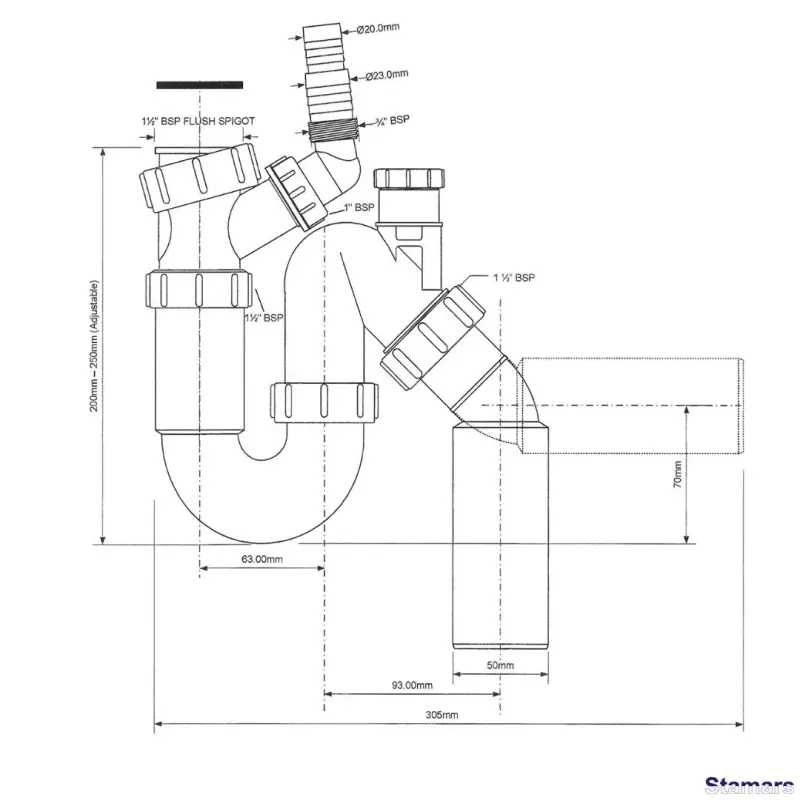 Sifons izlietnei cauruļveida ar papildus pieslēgumu un gaisa vārstu